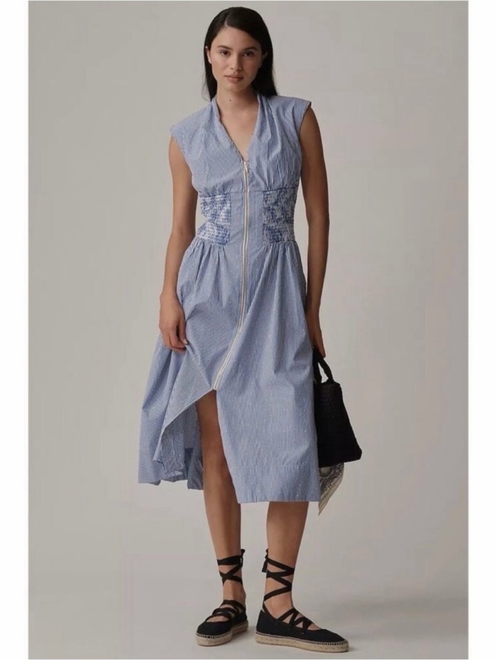 Anthropologie Light Blue Striped Zip-Front Midi Dress